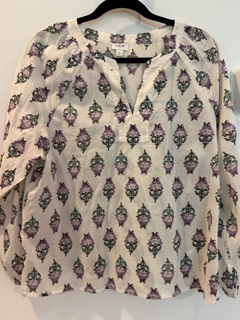 J crew pullover shirt, cream, purple, cotton